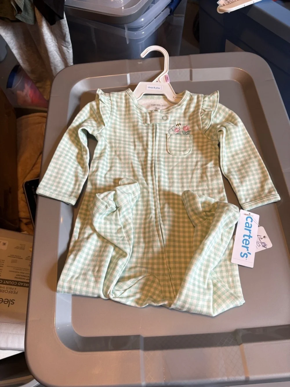 Carter's Mint Green Gingham Baby Sleep Gown with Floral Pocket